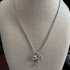Silver 925 Palm Tree Pendant on chain w/diamond accents Necklace. 18”